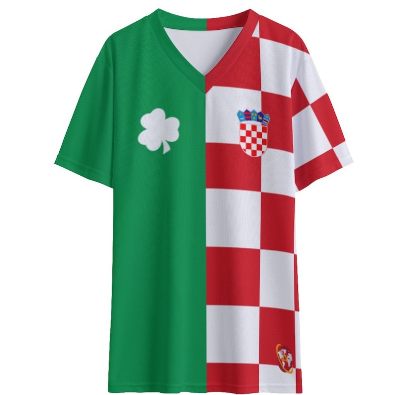 May include: A green and white t-shirt with a shamrock on the left side and a checkered red and white pattern on the right side. The right side also features a crest with a checkered shield and a crown.