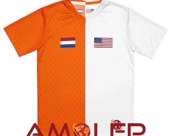 Maglia da calcio unisex metà Olanda e metà USA (personalizzabile)