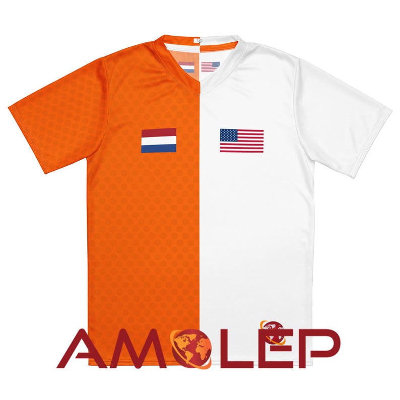 May include: A white and orange short-sleeved t-shirt with the Dutch and American flags printed on the front. The shirt has a v-neck and is made of a lightweight, breathable fabric.