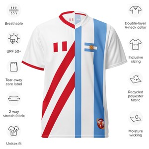 May include: White soccer jersey with red and blue stripes, featuring the flags of Peru and Argentina. The jersey has a V-neck collar and is made of recycled polyester fabric. It is breathable, moisture-wicking, and has a tear-away care label.