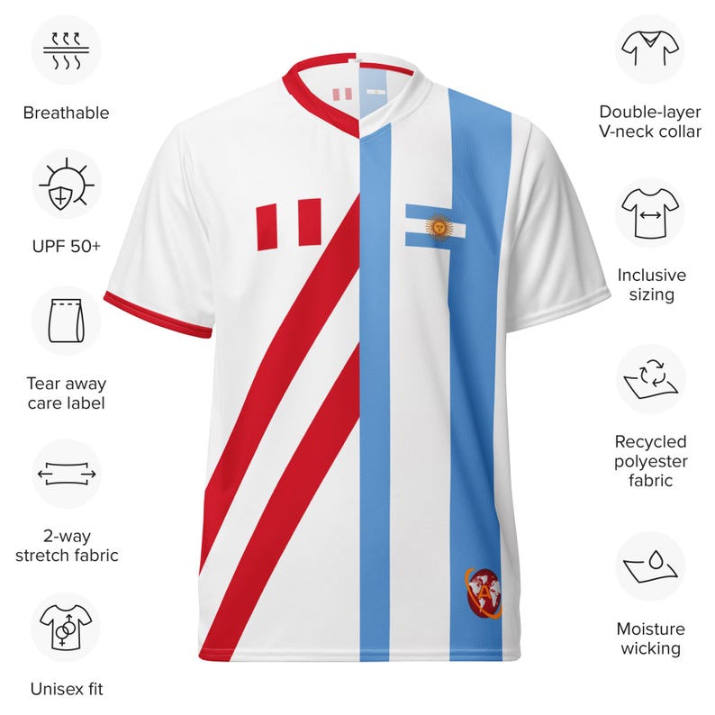 May include: White soccer jersey with red and blue stripes, featuring the flags of Peru and Argentina. The jersey has a V-neck collar and is made of recycled polyester fabric. It is breathable, moisture-wicking, and has a tear-away care label.