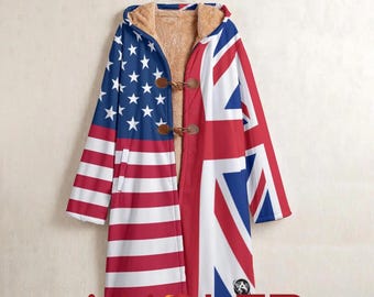 USA UK Flag Unisex Horn Button Long Fleece Windbreaker • Dual Flag Horn Button Jacket • Unisex Patriotic Coat
