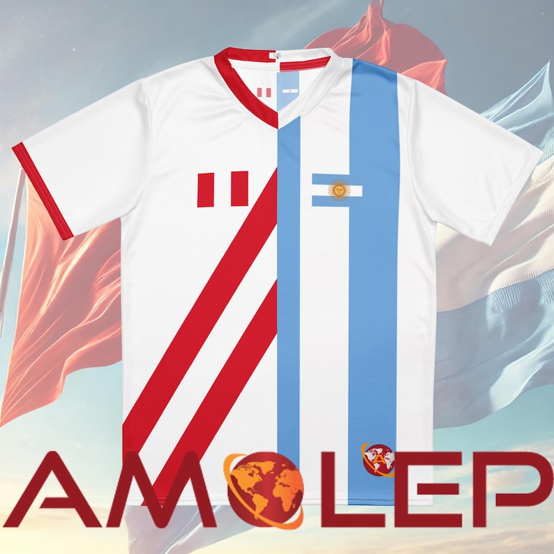 May include: White soccer jersey with red and blue stripes, featuring the flags of Peru and Argentina. The jersey has a V-neck and short sleeves.