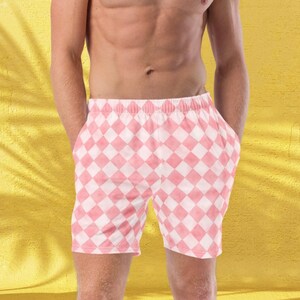 Geruite herenshort, roze zwembroek, geruite zwemkleding voor heren, heren strandzwemmers, cadeau voor vriend, cadeau voor vader