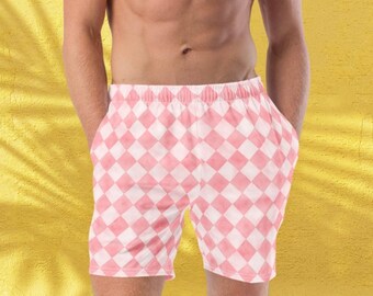 Geruite herenshort, roze zwembroek, geruite zwemkleding voor heren, heren strandzwemmers, cadeau voor vriend, cadeau voor vader