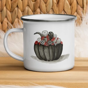Halloween enamel mug, Pumpkin enamel mug, Gift for travellers, Picnic mug, Metal tea cup, Camping mug, Fall themed mug, Autumn coffee mug