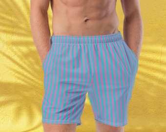 Gestreepte herenshort, roze blauwe zwembroek, herenbadmode met verticale strepen, heren strandzwemmers, cadeau voor vriend, cadeau voor vader