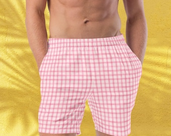 Geruite herenshort, roze zwembroek, geruite zwemkleding voor heren, heren strandzwemmers, cadeau voor vriend, cadeau voor vader