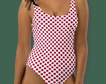 Badpak uit één stuk met stippen, zwemkleding met stippen, witrode zwemmers, pin-upbadmode, badpak uit één stuk, maillot dames