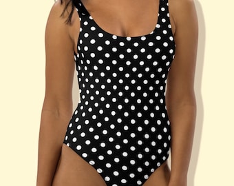 Badpak uit één stuk met stippen, zwemkleding met stippen, witzwarte zwemmers, pin-upbadmode, badpak uit één stuk, maillot dames