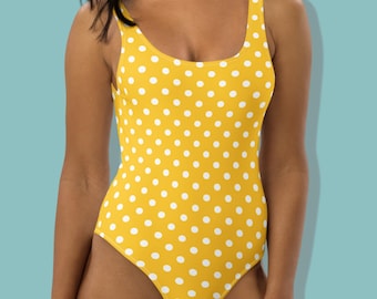Badpak uit één stuk met stippen, zwemkleding met stippen, witgele zwemmers, pin-upbadmode, badpak uit één stuk, maillot dames