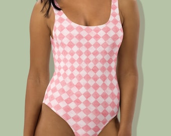 Badpak uit één stuk, geruit zwemkostuum, roze zwemmers, badkleding met ruiten, badpak uit één stuk, strandvakantie-outfit