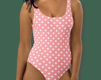 Badpak uit één stuk met stippen, zwemkleding met stippen, witroze zwemmers, pin-upbadmode, badpak uit één stuk, maillot dames