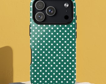 iPhone-hoesje groene polkadot, MagSafe-compatibele telefoonhoes, leuk retro-vlekpatroon, beschermend mat hoesje voor iPhone 17, 16, 15 of 14