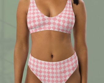 Roze geruite bikini met hoge taille