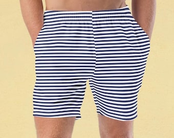 Gestreepte herenshort, blauw witte zwembroek, herenbadmode met horizontale strepen, heren strandzwemmers, cadeau voor vriend, cadeau voor vader