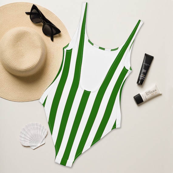 Vertical Striped One Piece Swimsuit Green Red White Surf Swimming