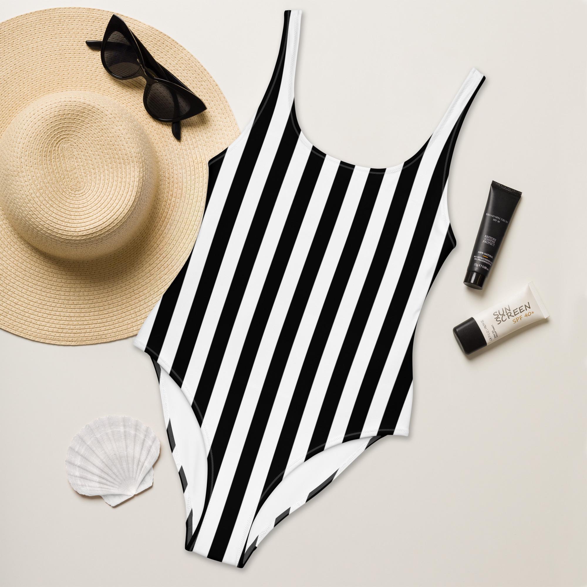 Black and white vertical striped one piece swimsuit deals