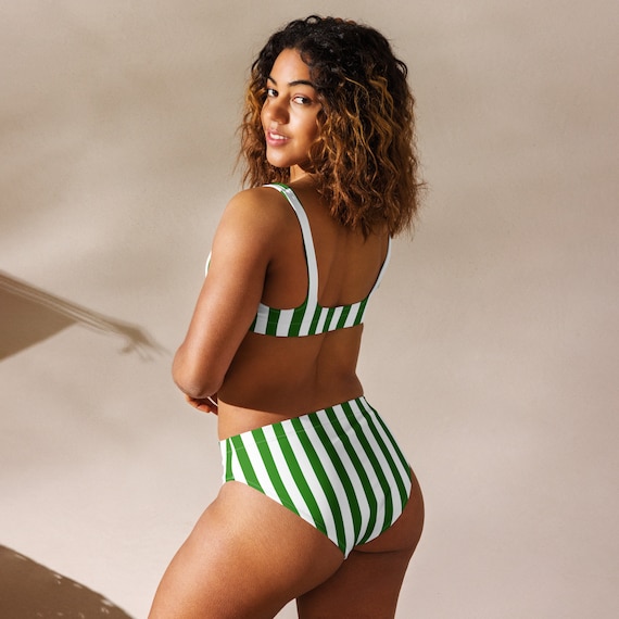 Bikini High Waisted Striped Swimsuit Green White Swimmers Vertical Striped Swimming Costume Beach Swimwear Pool Bathing Suit Etsy