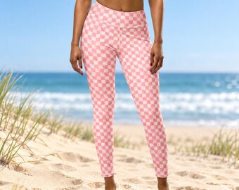 Pink Watercolour Checkered Yoga Leggings, High Waist Activewear Workout Pants