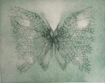 Illustration originale d'un papillon abstrait réalisée à l'eau forte et imprimée à la main sur presse taille douce estampe Aurore Chapuis