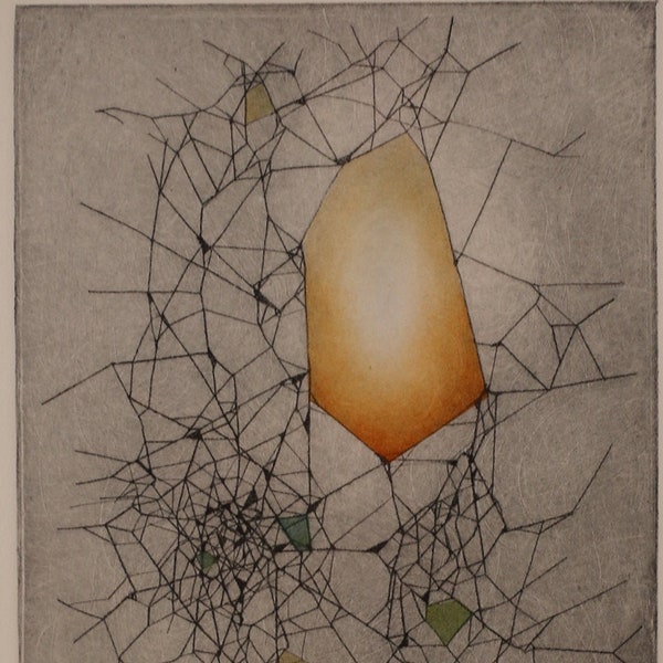 Illustration d'un paysage abstrait et géométrique réalisé à partir d'une gravure pointe sèche et imprimé à la main sur presse taille douce