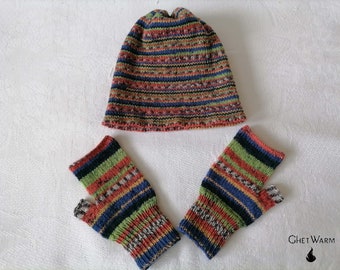 Conjunto de invierno para mujer. Gorro, gorro y guantes. Accesorios acogedores para días fríos. Conjunto colorido para mujer. Regalo para niña. Prendas para la cabeza y las manos.