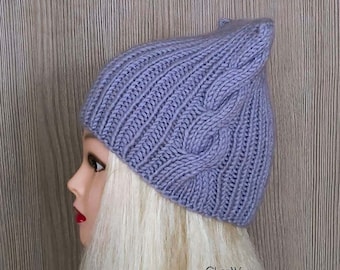 Gray violet  wool warm woman hat with Cat ear. Handmade Knitten Hat Beanie Girls. Crochet Hat. Gift for girls. Head Accessories. Ear warmer.