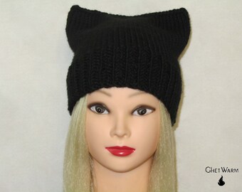 Black Wool knitten cat ears hat. Knit hats for women. Winter Crochet cat ears hat. Head accessory. Gift for girl. Crafted with love