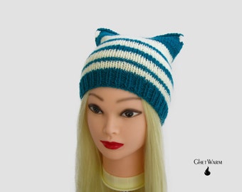 Wool warm woman hat with Cat ear. Knitten Hat Beanie Girls. Crochet Hat. Gift for mom. Head Accessories. Ear warmer.