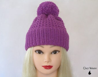 Wool winter Hand Knit lilac Beanie Hat. Head Accessorie. Head Dress.  Warmer Modern Winter Women Hats. Baby hat. Ear warmer. Hat with pompon