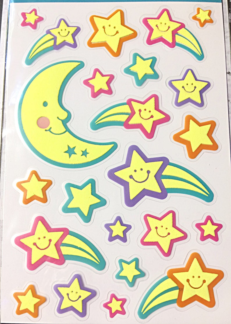 kawaii moon and shooting stars sticker sheet kawaii puffy