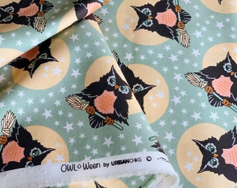 Green Halloween Owl Fabric, Price Per Yard, Owloween Fabric by Urban Chiks for Moda