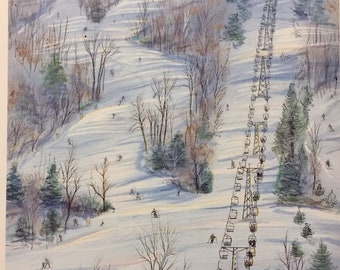 Mohawk Mountain Skiers, wall art Connecticut winter scene, local ski area in Cornwall, great gift by Gerald Hardy, 11”x14” matted print.