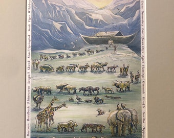 Noah’s Ark, classic biblical theme beloved by children and artists everywhere. 11”x 14” matted art,animals names lettered around border.