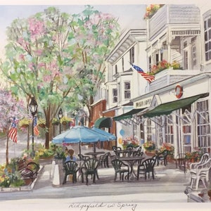 Ridgefield in Spring, Wall art of Connecticut town with charming outdoor cafe on Main Street,framable 11x14print. image 1