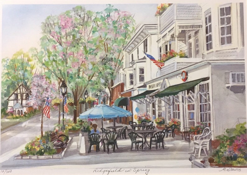 Ridgefield in Spring, Wall art of Connecticut town with charming outdoor cafe on Main Street,framable 11x14print. image 1