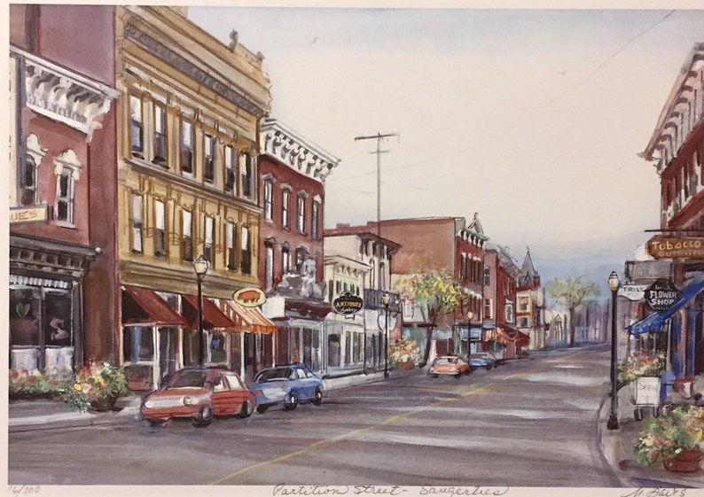 Saugerties New York, Partition Street, beautiful downtown wall art of Ulster County town along Hudson River, from original painting. image 3