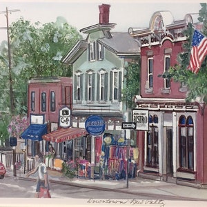 New Paltz Downtown, wall art of New York college town, matted artwork gift-sized and priced, 11"x14" matted, beautiful colorful shops.