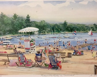Lakeville Lake in Summer, wall art of the Grove recreation area, 11”x14”matted art work by Marilyn Davis, great gift.