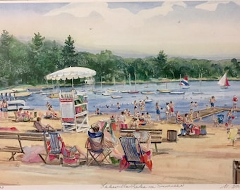 Lakeville Lake in Summer, wall art of the Grove recreation area, 11”x14”matted art work by Marilyn Davis, great gift.
