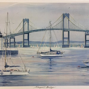 Newport Bridge, Rhode Island. Ocean Art of fabulous Rhode Island scene. Coastal Art with beautiful boats, 11x14 matted print. image 1