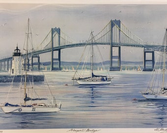 Newport Bridge, Rhode Island. Ocean Art of fabulous Rhode Island scene. Coastal Art with beautiful boats, 11"x14" matted print.