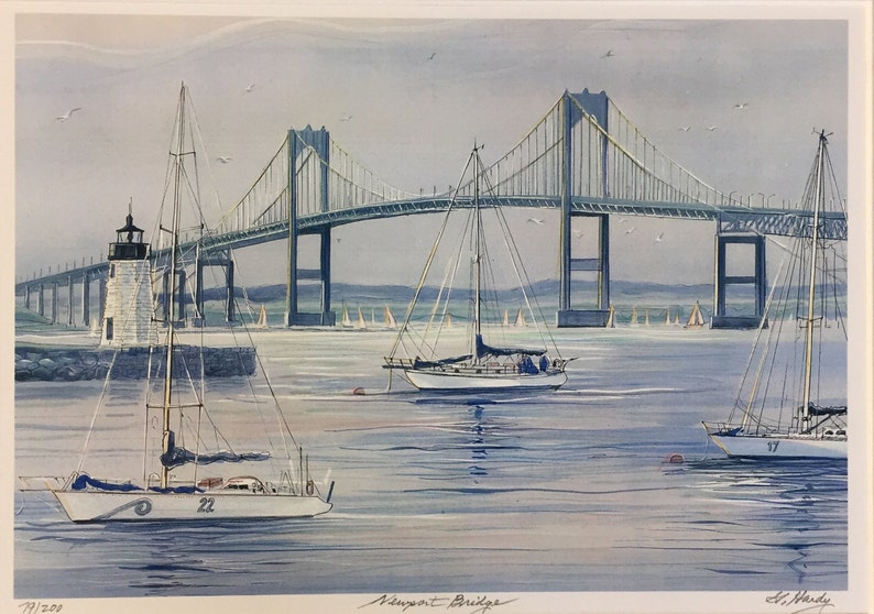 Newport Bridge, Rhode Island. Ocean Art of fabulous Rhode Island scene. Coastal Art with beautiful boats, 11x14 matted print. image 1