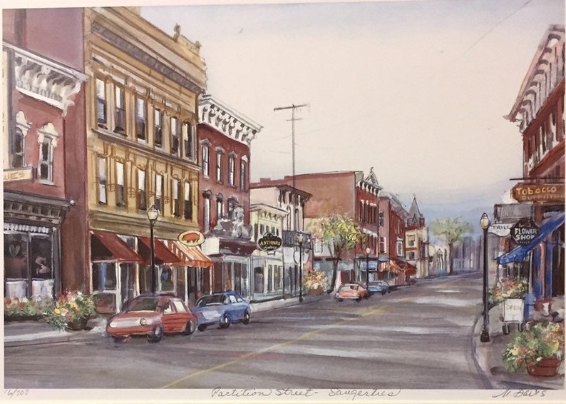 Saugerties New York, Partition Street, beautiful downtown wall art of Ulster County town along Hudson River, from original painting. image 1