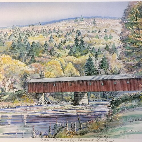 Pont couvert en automne. West Cornwall Connecticut, art mural représentant une scène américaine appréciée des visiteurs de la ville pittoresque de la rivière Housatonic, facilement
