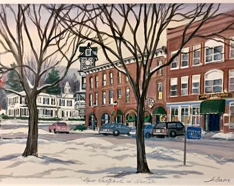 New Hartford in Winter,beautiful historic town near Hartford Connecticut, recently scene of a terrible fire. Matted wall art, 11”x14”gift.