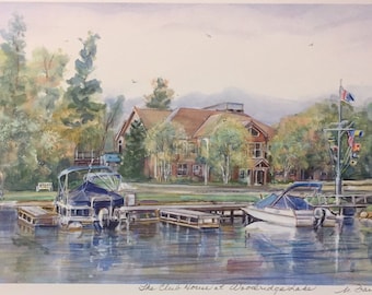 Woodridge Lake, the Clubhouse, framable art of Northwest Connecticut’s exclusive lake community, gift-priced.