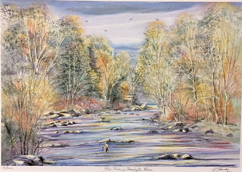 Farmington River,one of Connecticut\u2019s scenic fishing places nostalgic autumn scene by Gerald Hardy Fly Fishing 11\u201dx14\u201d matted art work.