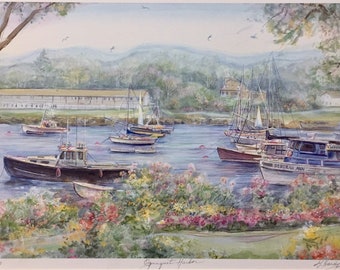 Ogunquit Harbor, Maine wall art of beautiful coastal town, matted art by Gerald Hardy, nostalgic view of Perkins Cove.